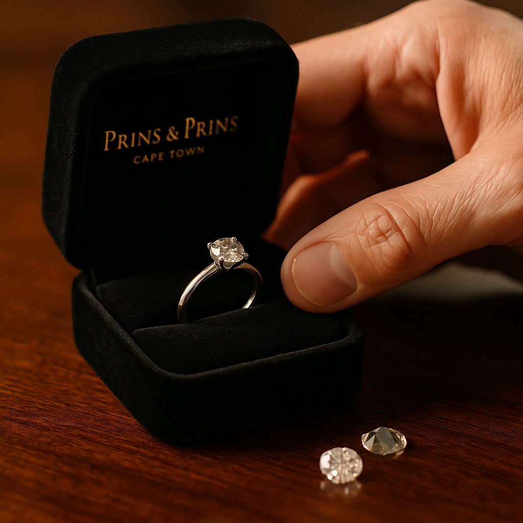 A photograph of a jeweller’s hand gently opening a Prins & Prins Cape Town black velvet ring box containing a solitaire diamond engagement ring, placed on a polished wooden surface under warm lighting.
