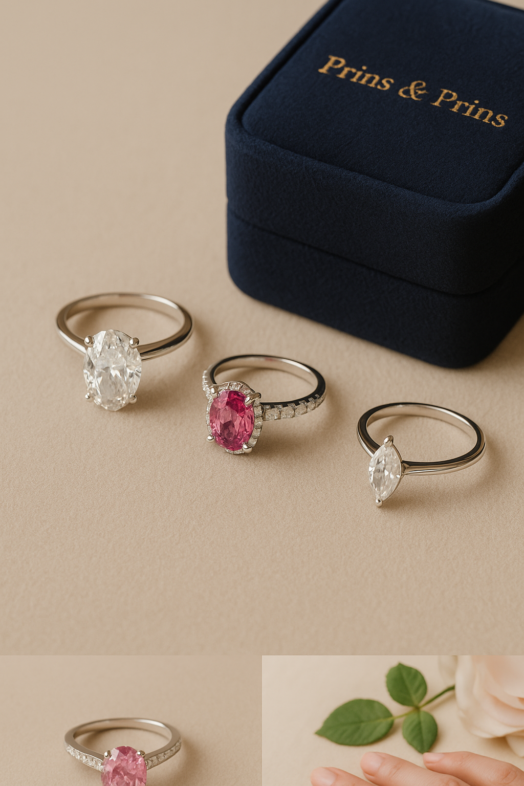 Three engagement rings—a sparkling oval diamond solitaire, a vivid pink sapphire ring with diamond accents, and an elegant marquise diamond ring—arranged on a soft beige surface beside a navy Prins & Prins velvet box, under warm light.