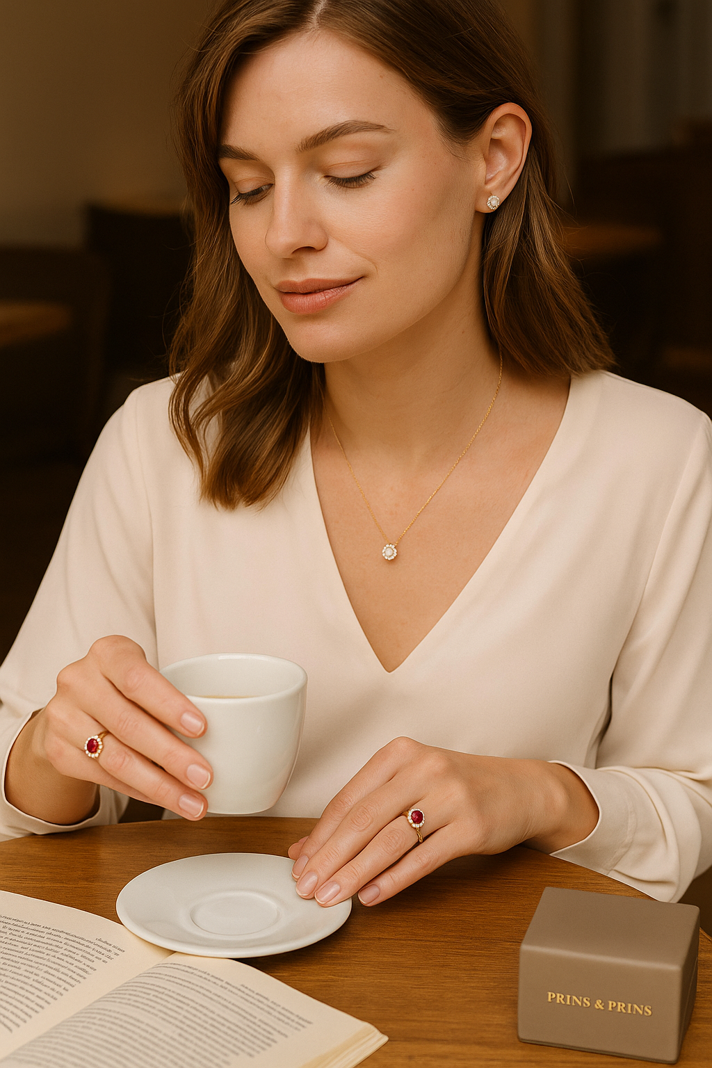A woman wearing a diamond pendant, ruby rings, and diamond stud earrings while enjoying coffee at a café, illustrating wearable luxury and daily elegance.