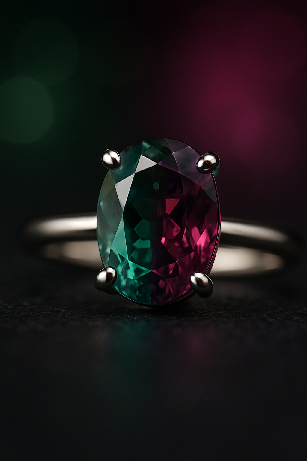 A close-up of an oval-cut alexandrite gemstone ring in a platinum band, displaying its colour-change effect with vibrant green on one side and rich purplish-red on the other, set against a soft, dark bokeh background.