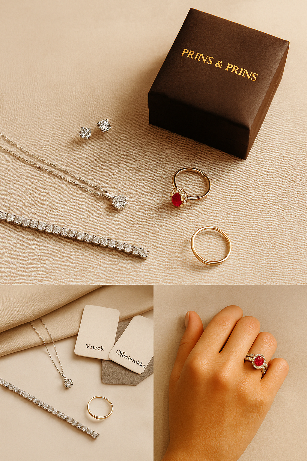 Flat-lay of Prins & Prins jewellery including diamond studs, a solitaire pendant, tennis bracelet, ruby ring, and gold band arranged on beige silk with a branded box, illustrating a wearable luxury collection.