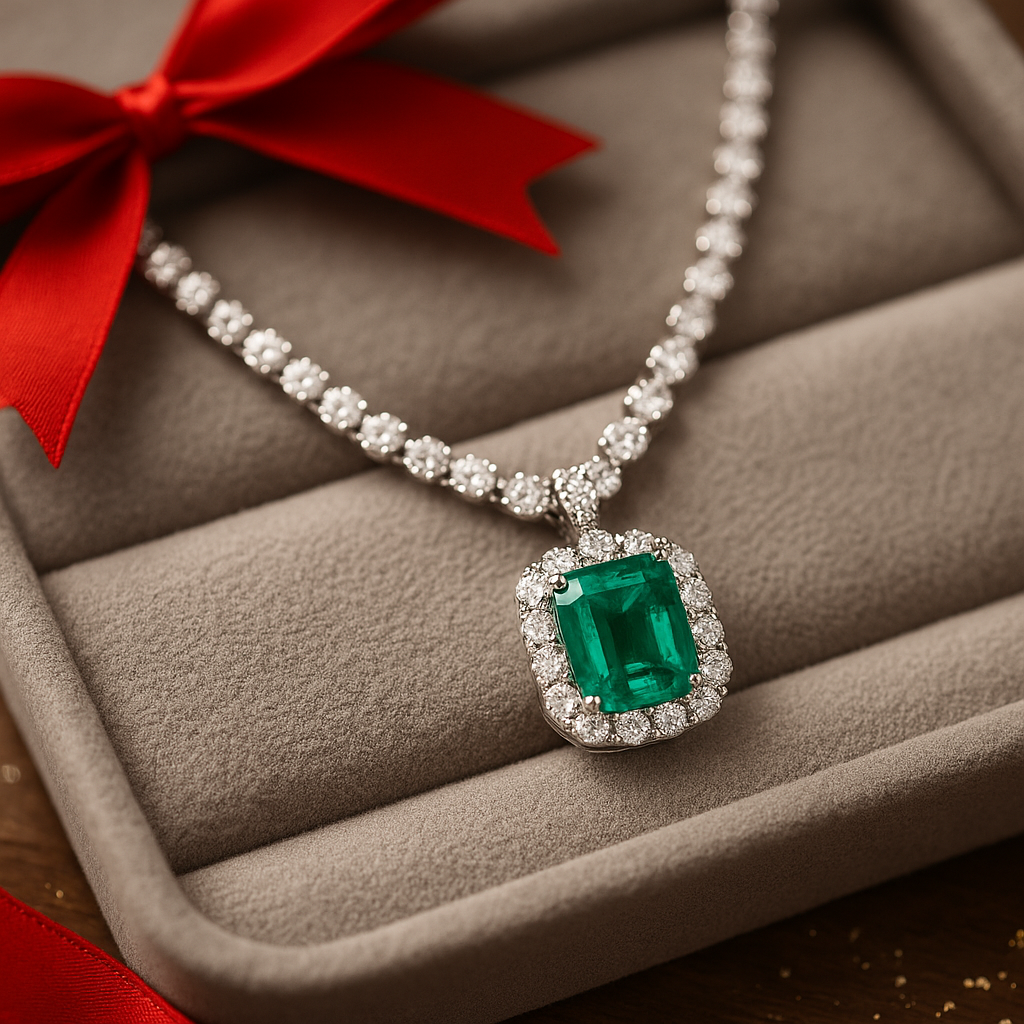 A close-up photograph of an emerald and diamond necklace displayed on a velvet-lined jewellery tray. The emerald sparkles under soft lighting, with a festive red ribbon elegantly placed in the corner, creating a luxurious and gift-worthy holiday presentation.