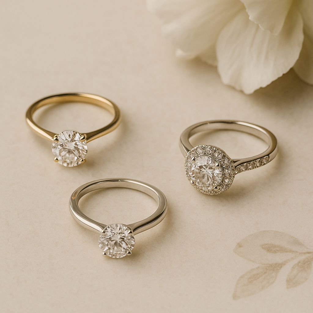 Three diamond engagement rings in different styles—a modern solitaire in yellow gold, a vintage halo with pavé band, and a classic solitaire in white gold—are arranged on a soft cream background with delicate white flower petals, symbolising the importance of choosing a ring that reflects personal style.