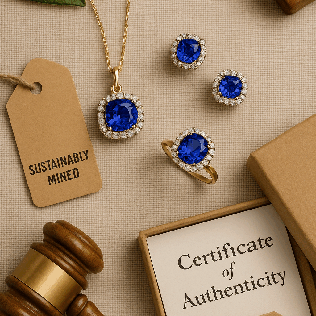 A flat-lay image of Tanzanite jewellery, including a pendant, earrings, and a ring with diamond halos, arranged on a beige linen cloth. A kraft tag labeled “SUSTAINABLY MINED,” a certificate of authenticity, eco-friendly packaging, a green leaf, and wooden elements convey an earthy, ethical luxury theme.