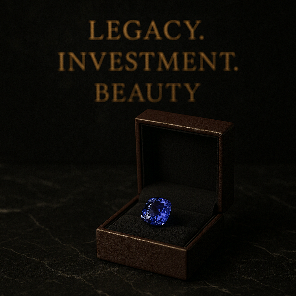 A cushion-cut Tanzanite gemstone rests in a luxurious dark brown presentation box with a velvet interior, placed on a dark marble surface. In the background, soft golden text reads “LEGACY. INVESTMENT. BEAUTY.” The scene is moody and elegant, with dramatic lighting drawing attention to the gem’s vivid blue-violet hue.