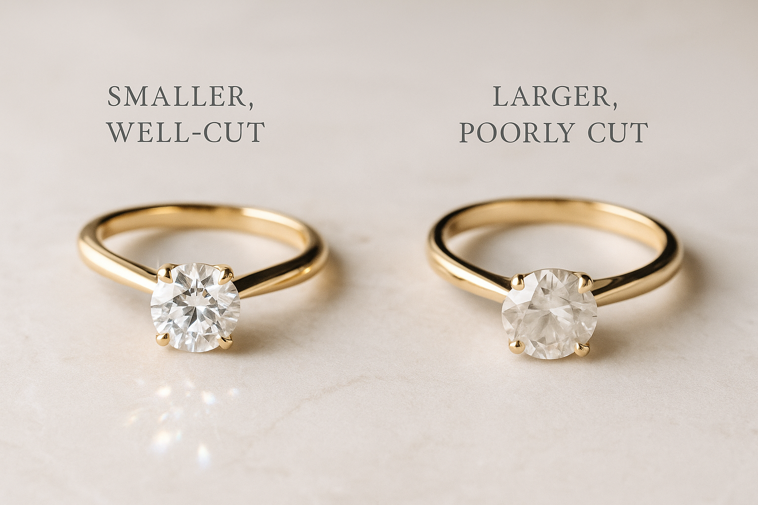 Two diamond engagement rings are displayed side by side on a soft marble surface; the smaller, well-cut diamond on the left sparkles brightly, while the larger, poorly cut diamond on the right appears dull, illustrating the difference between cut quality and size.