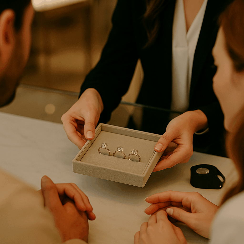 A jeweller in a black blazer presenting three diamond engagement rings in a display tray to a couple across a glass counter, with the couple’s hands resting together on the counter, illustrating a warm, expert jewellery consultation experience.