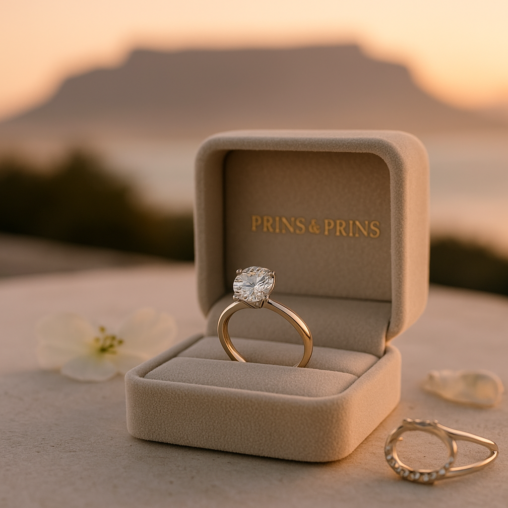 A diamond engagement ring in a cream velvet Prins & Prins box is displayed on a stone surface at sunset, with the silhouette of Table Mountain softly blurred in the background, symbolising elegance and inviting clients to visit in Cape Town.