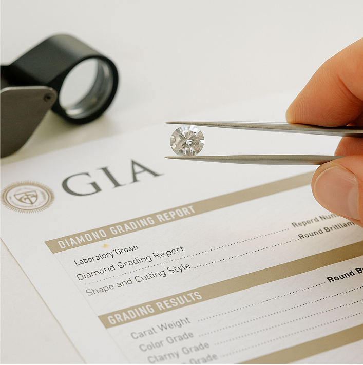 A jeweller’s hand holding a round brilliant-cut diamond with tweezers above a GIA Diamond Grading Report on a white desk, with a black jeweller’s loupe nearby, illustrating the importance of verifying certification before purchasing a diamond.