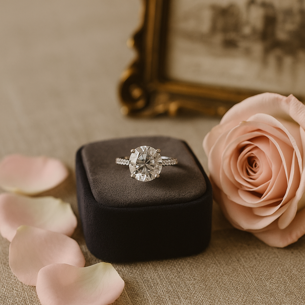 A diamond engagement ring with a round solitaire on a white gold band, set on a dark grey velvet box, surrounded by blush rose petals and a soft pink rose, with a blurred antique gold photo frame in the background, creating a romantic, elegant scene.