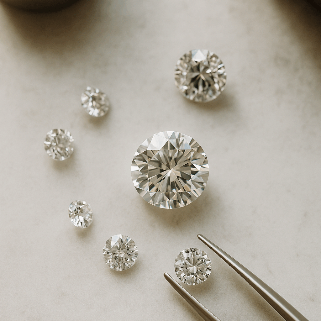 Five loose round brilliant-cut diamonds of varying sizes displayed on a light marble surface, with a jeweller’s loupe, antique wooden jewellery box, and tweezers in the frame, creating an elegant flat-lay showcasing diamond sparkle and heritage.
