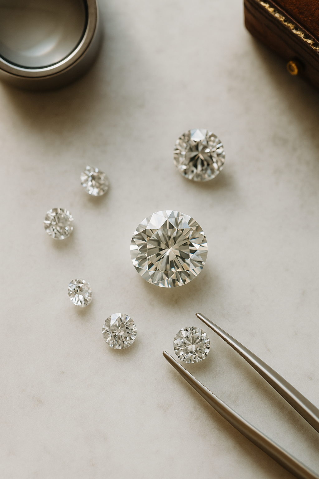 Five loose round brilliant-cut diamonds of varying sizes displayed on a light marble surface, with a jeweller’s loupe, antique wooden jewellery box, and tweezers in the frame, creating an elegant flat-lay showcasing diamond sparkle and heritage.