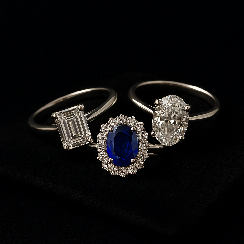 A high-resolution close-up photograph of three platinum engagement rings on black velvet: an emerald-cut diamond ring, a sapphire halo ring with diamond accents, and an oval-cut diamond ring, all under soft warm lighting.