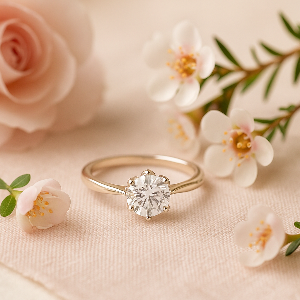 A round diamond engagement ring with a floral-inspired prong setting displayed on soft pink linen, surrounded by blush roses and small white blossoms, with warm, diffused natural light creating a romantic, spring-inspired aesthetic.