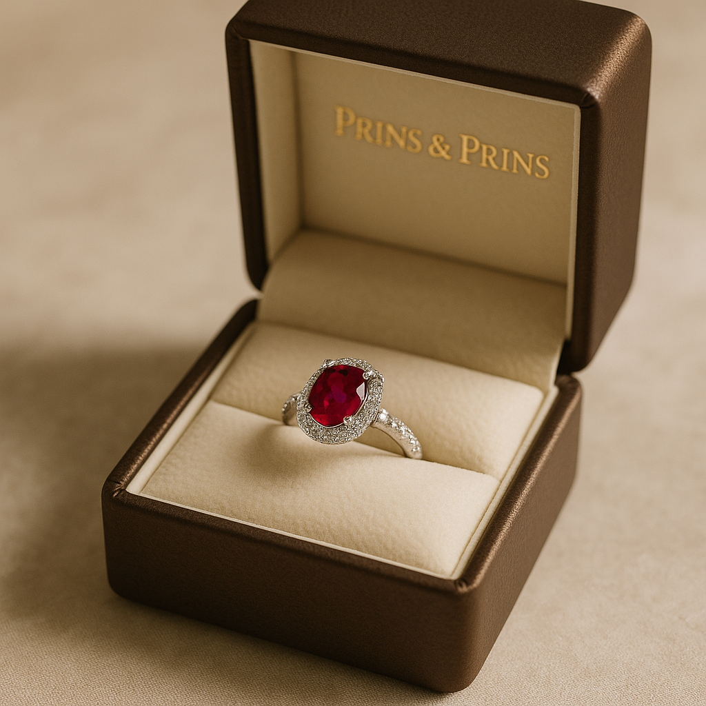 A vivid ruby ring with a diamond halo displayed in an open Prins & Prins box with cream velvet interior, illustrating luxury, heirloom potential, and investment value.