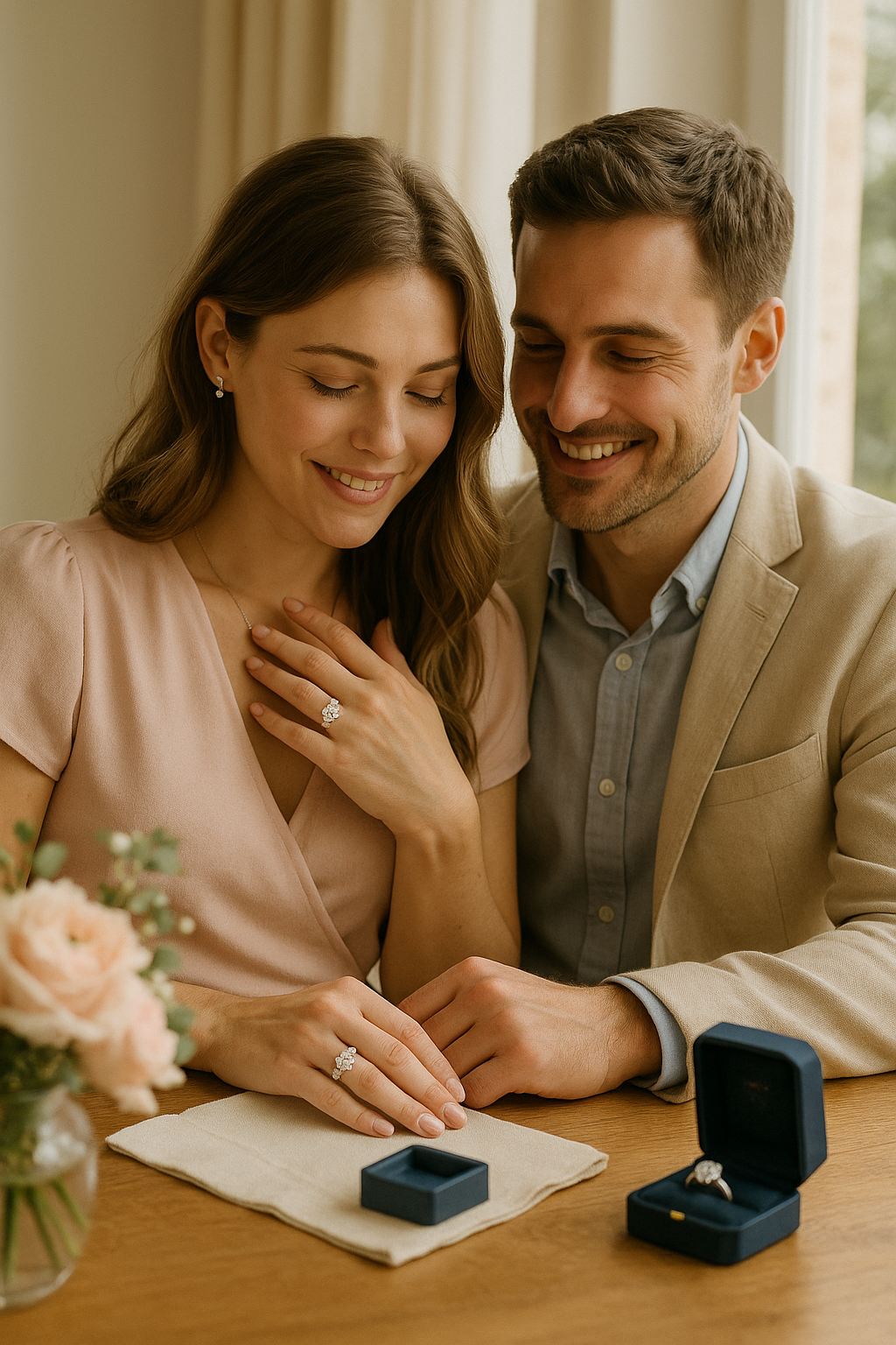 A young couple with light skin sits at a wooden table in a sunlit room, smiling warmly as the woman admires her diamond engagement ring. She wears a soft pink blouse, while the man in a beige blazer leans close, with a Prins & Prins ring box and blush roses visible on the table, creating a romantic, elegant atmosphere.