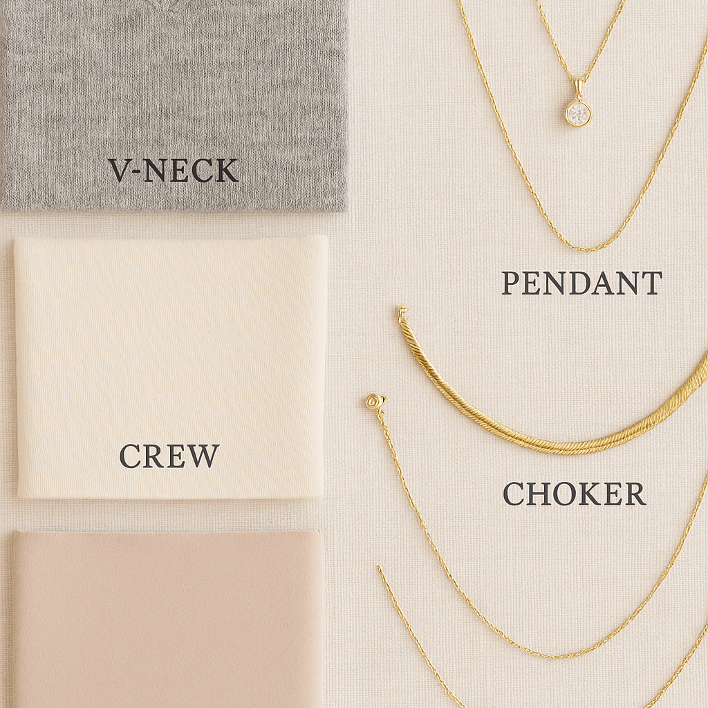 Flat-lay showing a pendant, choker, and layered gold necklaces beside fabric swatches labelled V-neck, crew, and off-shoulder, illustrating how to pair necklines with necklace lengths.