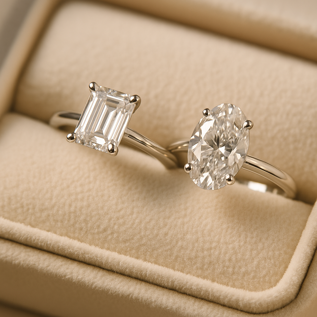A high-resolution close-up photograph of two diamond engagement rings on cream velvet: a platinum emerald-cut diamond ring and a platinum oval-cut diamond ring, under warm lighting.