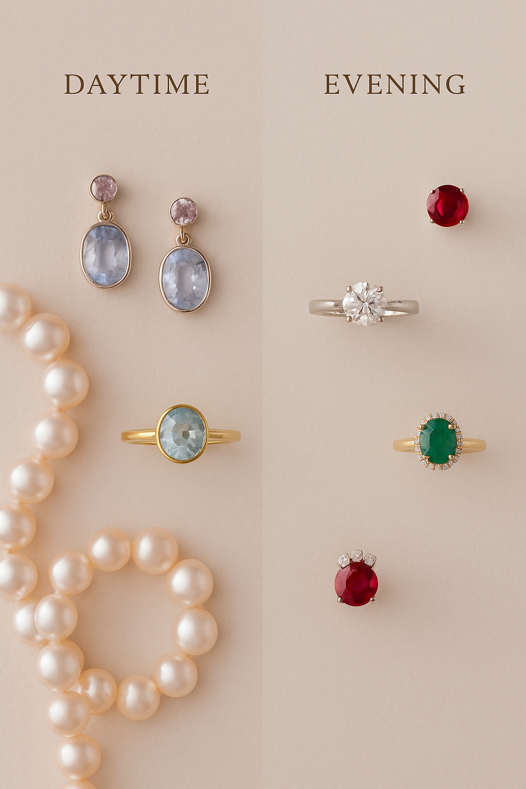 Split image showing ‘Daytime’ pastel sapphires, pearls, and aquamarine jewellery on one side, and ‘Evening’ rubies, diamonds, and emerald rings on the other, illustrating gemstone styling from day to night.