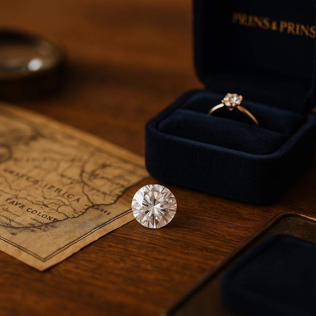 A round brilliant-cut diamond resting on a vintage sepia-toned map of southern Africa beside a navy Prins & Prins velvet ring box containing a solitaire diamond ring, with a brass magnifying glass and warm natural light creating a heritage-inspired, elegant scene.