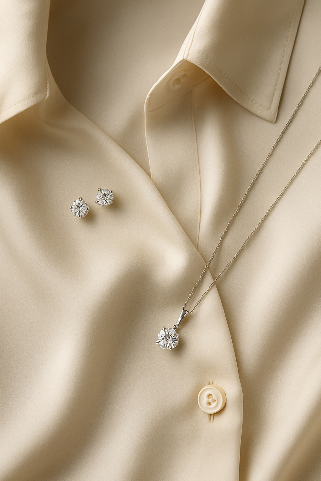 Diamond stud earrings and a solitaire diamond pendant on a fine chain, elegantly arranged on a cream silk blouse, showcasing wearable daytime luxury