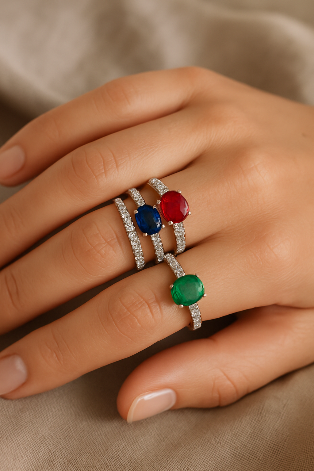 A woman’s hand with three stacked rings featuring sapphire, ruby, and emerald gemstones surrounded by diamonds, resting on beige linen, showcasing mixing gems with diamonds.