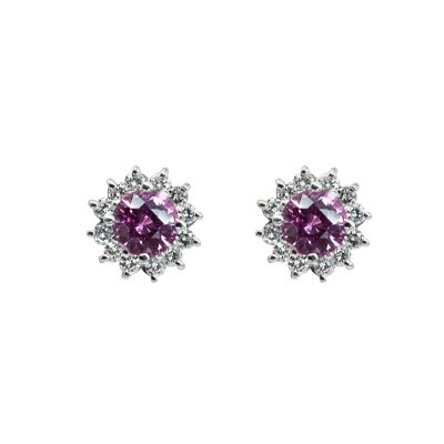 Prins & Prins | One pair of 18ct white gold cluster earrings set with natural Diamonds and vivid pink sapphires.