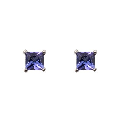 18ct white gold 4 claw set stud earrings with 2=1.11ct princess cut natural Tanzanites.